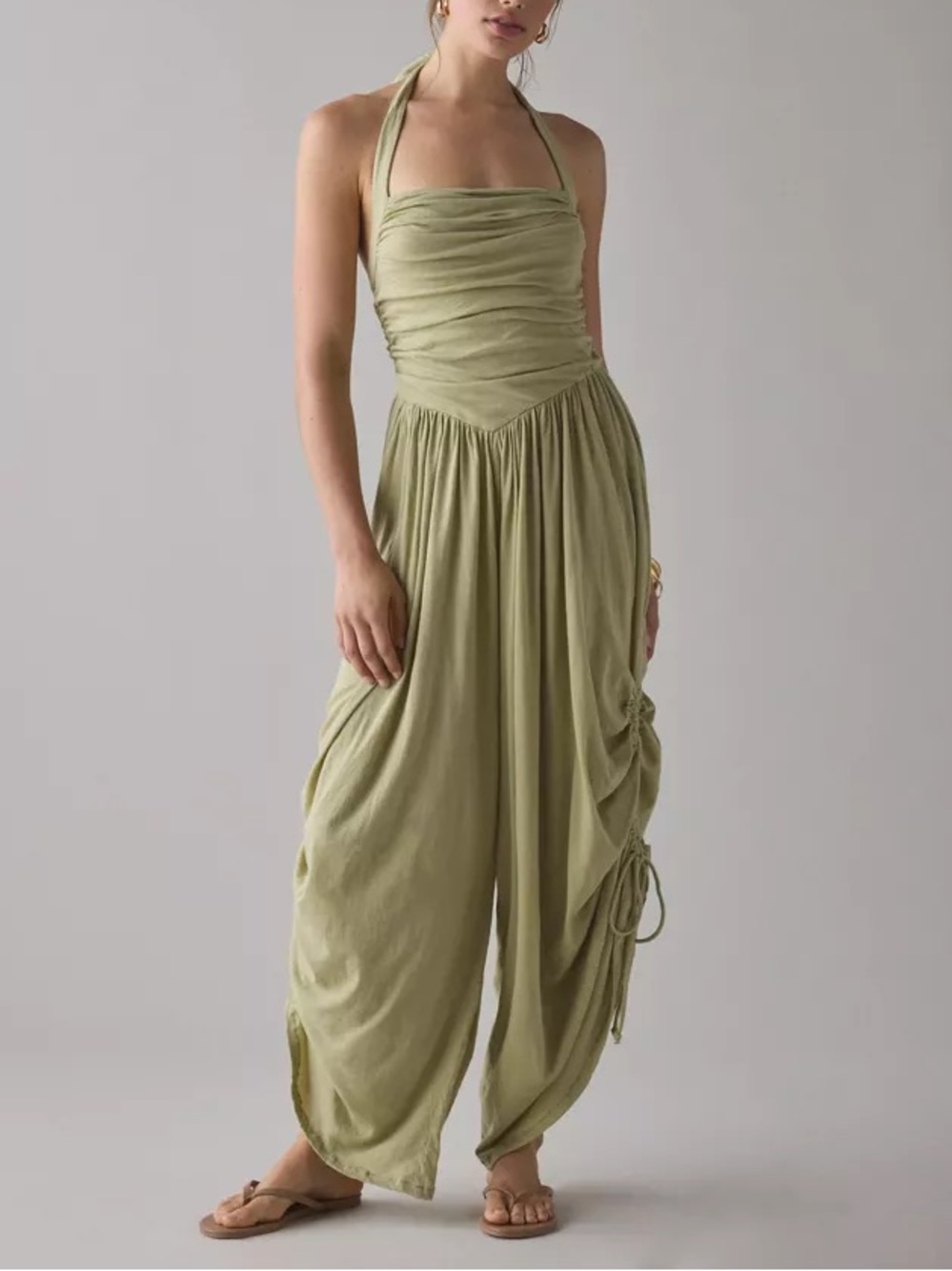 UO Out From Under Sunkissed Ruched Barrel Leg Jumpsuit Halter